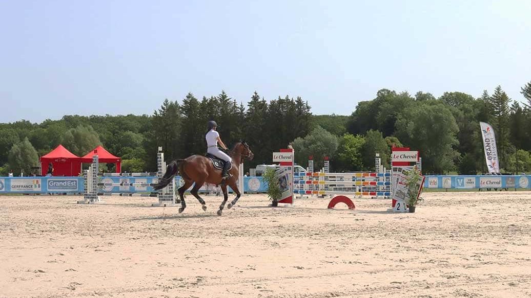 In un campo di gara, una cavallerizza affronta un ostacolo con il suo cavallo.